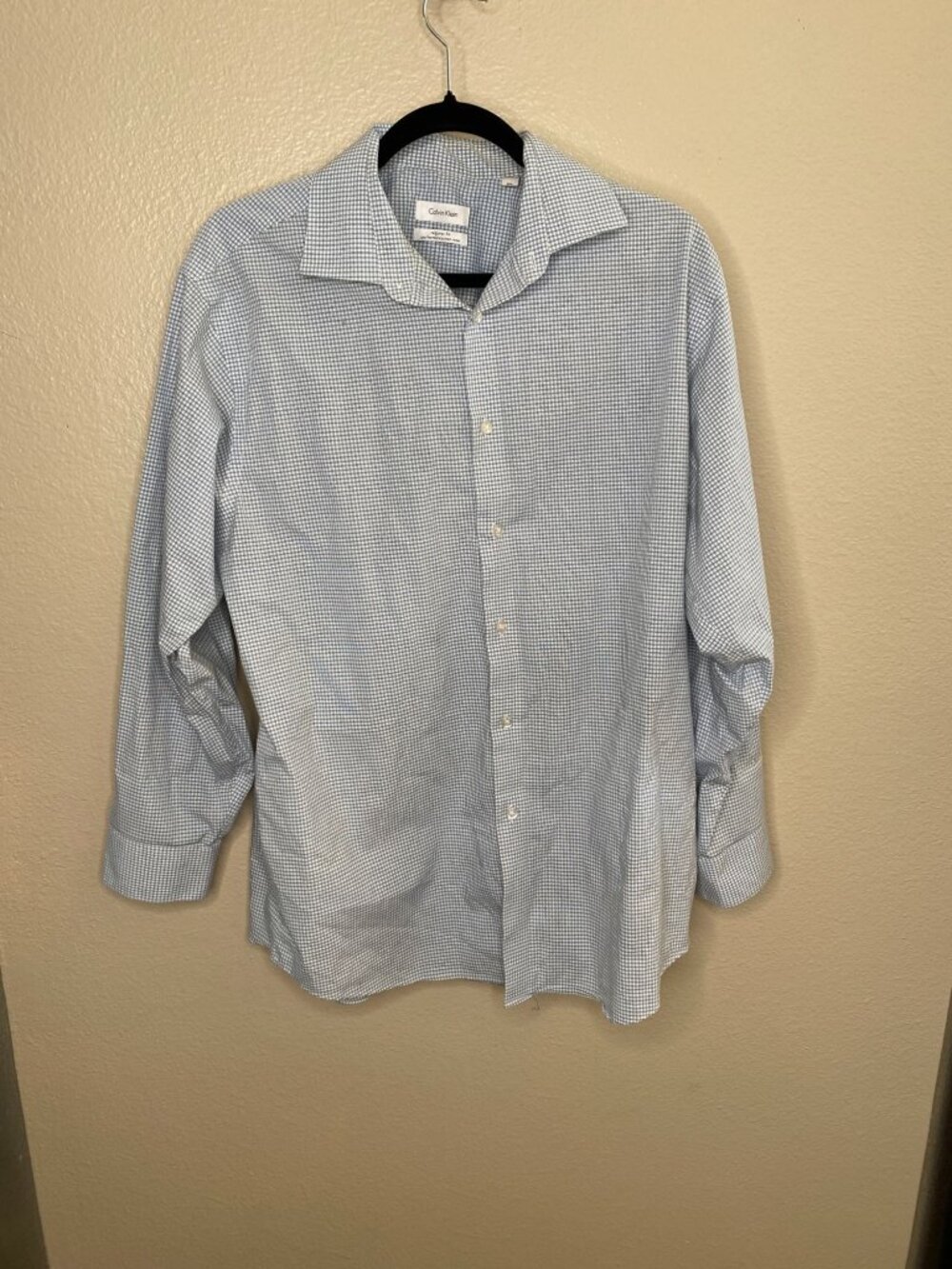 Calvin Klein Mens Blue Checkered Regular Fit Performance Non-Iron Dress Shirt